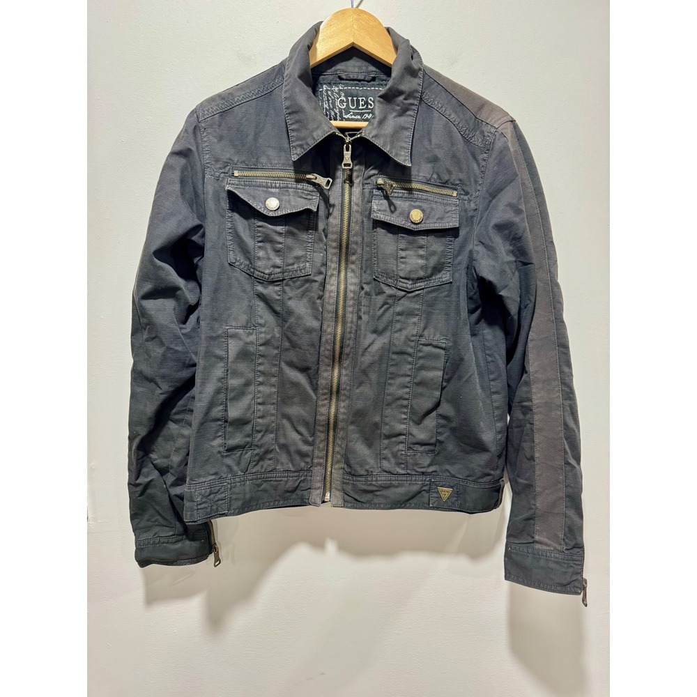 Guess Y2K Black Military Utility Jacket Zip Front Moto Style Coat Small